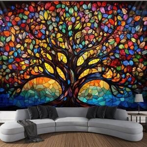 XL Vibrant Multicolor Tree Of Life Wall Tapestry Mosaic Stained Glass Window Art
